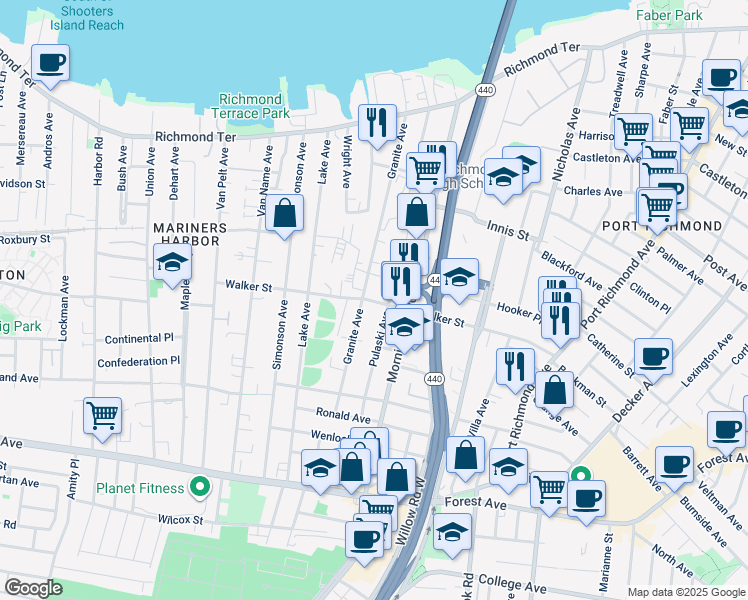 map of restaurants, bars, coffee shops, grocery stores, and more near 266 Pulaski Avenue in Staten Island