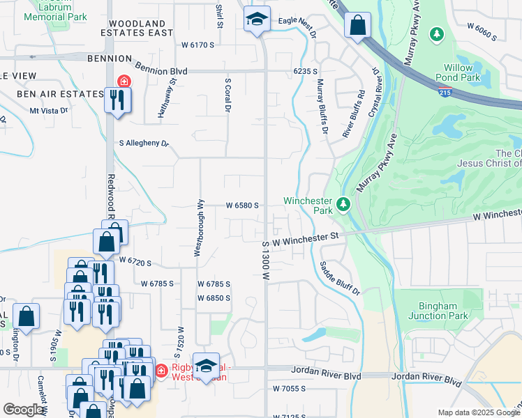 map of restaurants, bars, coffee shops, grocery stores, and more near 6594 1300 West in Taylorsville
