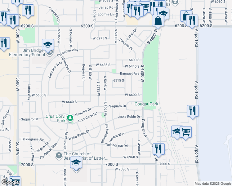 map of restaurants, bars, coffee shops, grocery stores, and more near 5032 West 6600 South in West Jordan