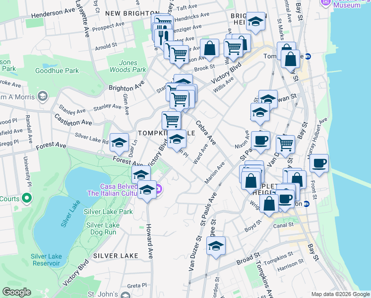 map of restaurants, bars, coffee shops, grocery stores, and more near 72B Clark Lane in Staten Island