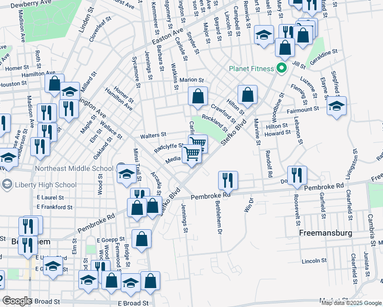 map of restaurants, bars, coffee shops, grocery stores, and more near 1209 Carlisle Street in Bethlehem