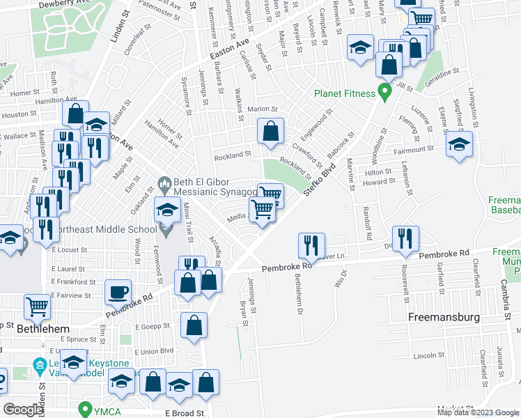 map of restaurants, bars, coffee shops, grocery stores, and more near 1209 Carlisle Street in Bethlehem