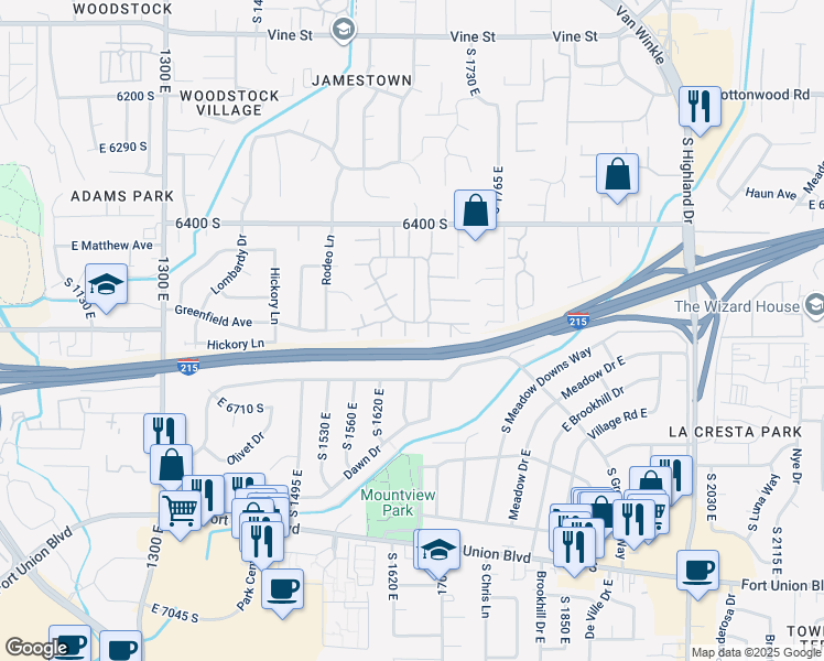 map of restaurants, bars, coffee shops, grocery stores, and more near 6559 South 1615 East in Murray