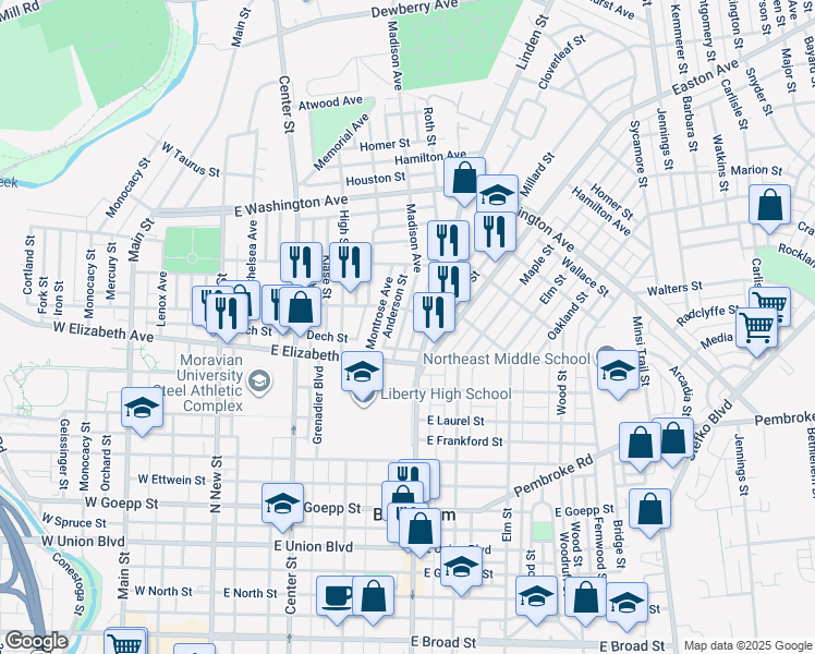 map of restaurants, bars, coffee shops, grocery stores, and more near 1336 Madison Avenue in Bethlehem