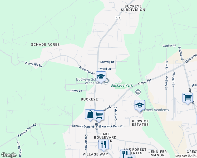 map of restaurants, bars, coffee shops, grocery stores, and more near 1801 Lake Boulevard in Redding