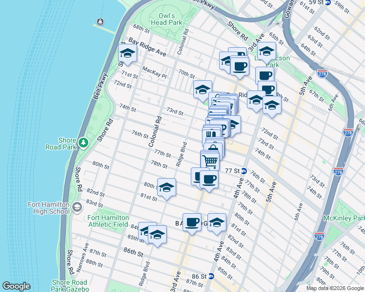 map of restaurants, bars, coffee shops, grocery stores, and more near 168 Bay Ridge Parkway in Brooklyn