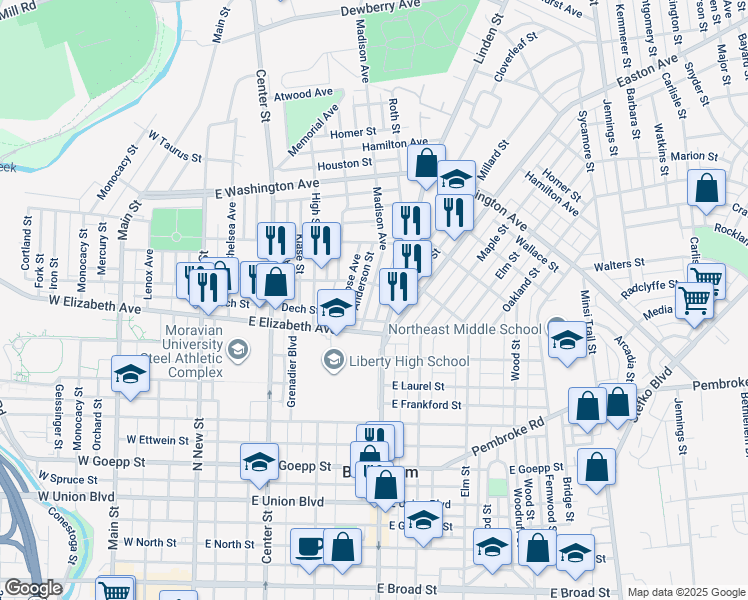 map of restaurants, bars, coffee shops, grocery stores, and more near 1336 Madison Avenue in Bethlehem