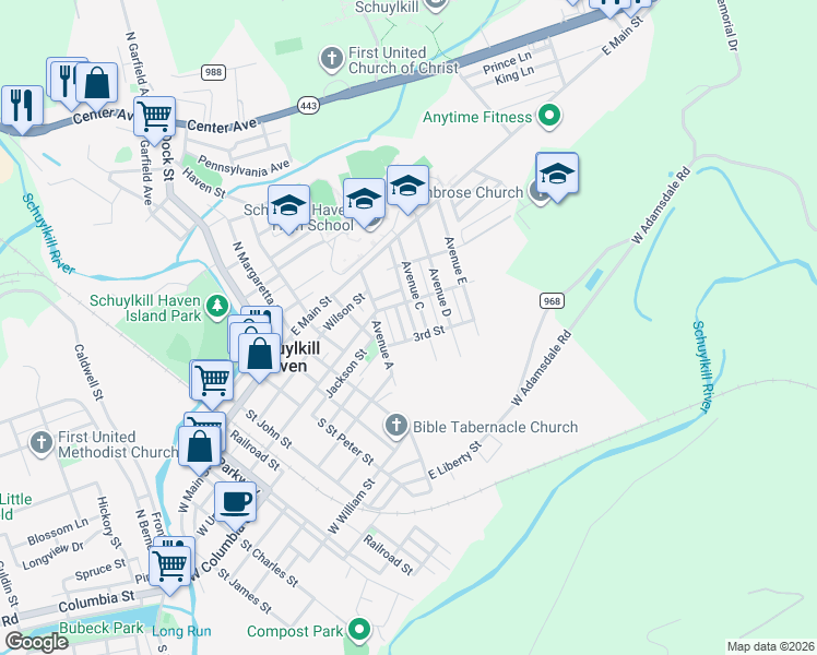 map of restaurants, bars, coffee shops, grocery stores, and more near 109 Avenue C in Schuylkill Haven