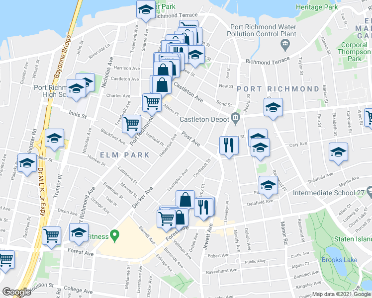 map of restaurants, bars, coffee shops, grocery stores, and more near Decker Ave & Palmer Ave in Staten Island