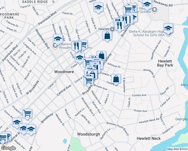 map of restaurants, bars, coffee shops, grocery stores, and more near 1034 Broadway in Woodmere
