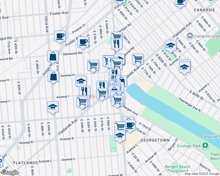 map of restaurants, bars, coffee shops, grocery stores, and more near 876 East 59th Street in Brooklyn