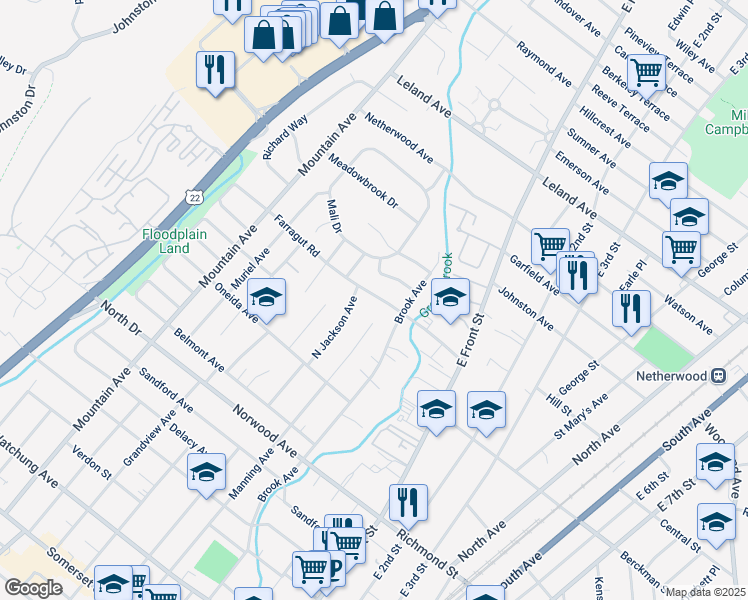 map of restaurants, bars, coffee shops, grocery stores, and more near 104 Farragut Road in North Plainfield