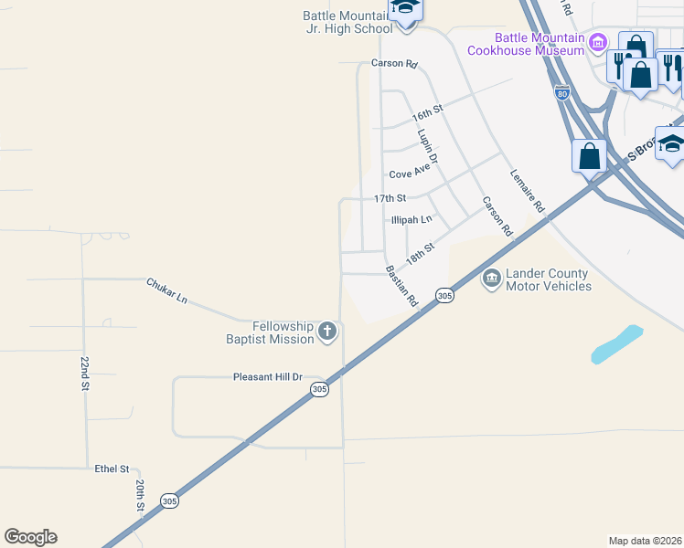 map of restaurants, bars, coffee shops, grocery stores, and more near 208 18th Street in Battle Mountain