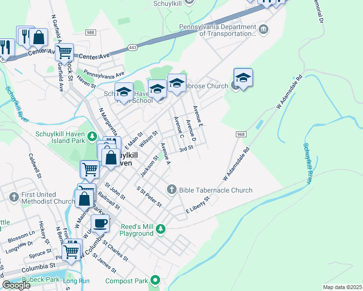 map of restaurants, bars, coffee shops, grocery stores, and more near 120 Avenue C in Schuylkill Haven
