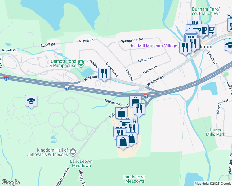 map of restaurants, bars, coffee shops, grocery stores, and more near Phillipsburg–Newark Expressway in Clinton