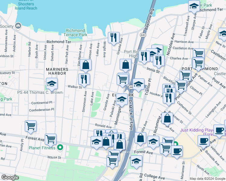 map of restaurants, bars, coffee shops, grocery stores, and more near 266 Pulaski Avenue in Staten Island