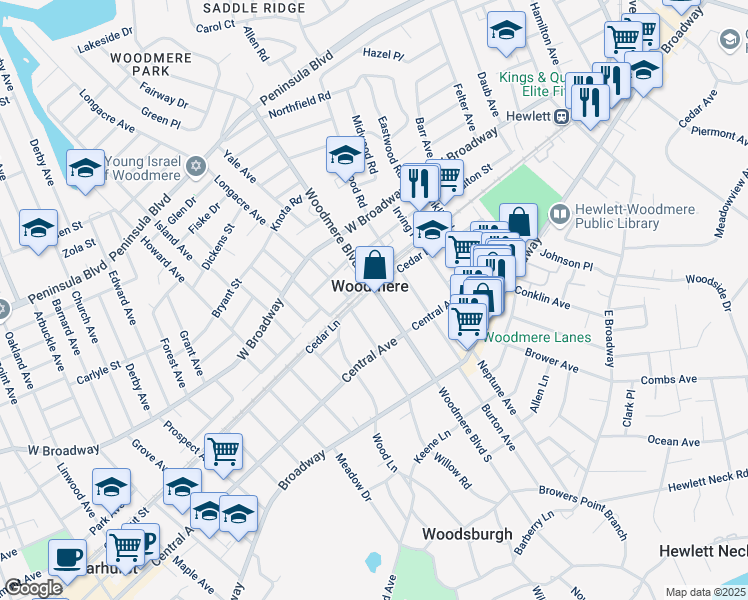 map of restaurants, bars, coffee shops, grocery stores, and more near 141 Woodmere Boulevard in Woodmere