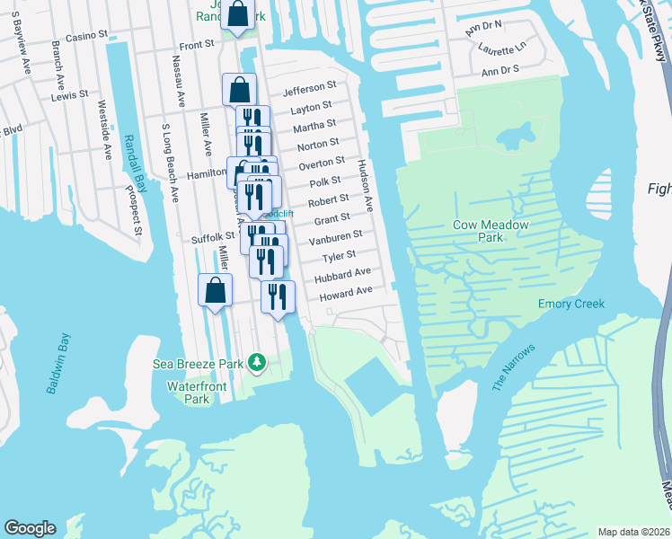 map of restaurants, bars, coffee shops, grocery stores, and more near 53 Tyler Street in Freeport