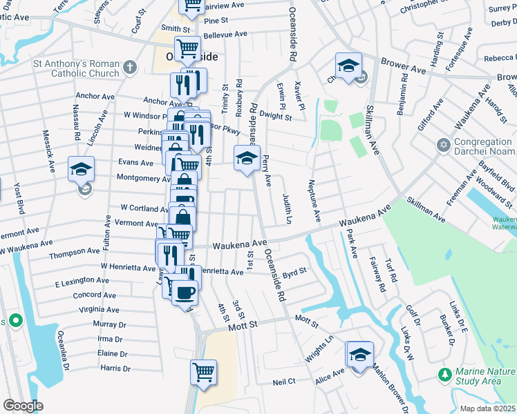 map of restaurants, bars, coffee shops, grocery stores, and more near 3292 Oceanside Road in Oceanside