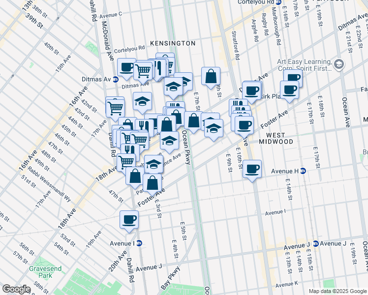 map of restaurants, bars, coffee shops, grocery stores, and more near 690 Ocean Parkway in Brooklyn