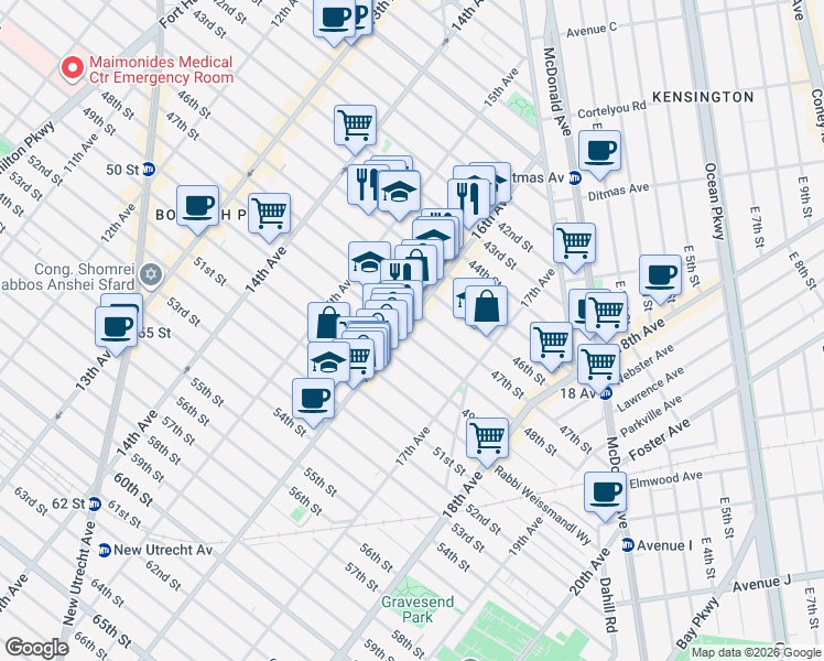map of restaurants, bars, coffee shops, grocery stores, and more near 4705 16th Avenue in Brooklyn