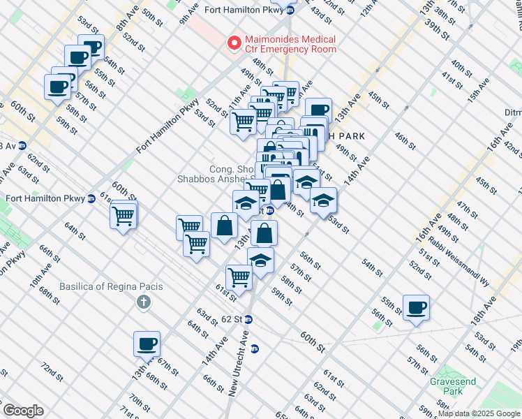 map of restaurants, bars, coffee shops, grocery stores, and more near 1258 55th Street in Brooklyn