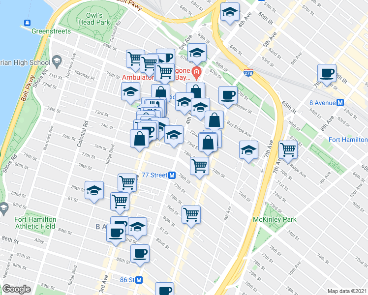 map of restaurants, bars, coffee shops, grocery stores, and more near 7312 4th Avenue in Brooklyn