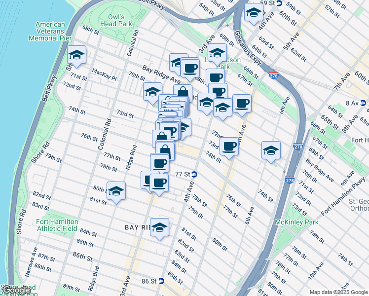 map of restaurants, bars, coffee shops, grocery stores, and more near 326 74th Street in Brooklyn