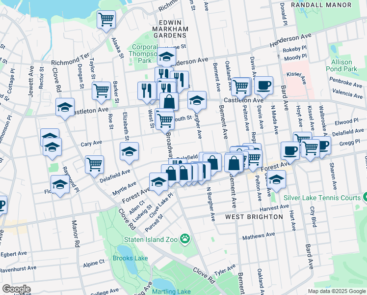map of restaurants, bars, coffee shops, grocery stores, and more near 27 Seneca Street in Staten Island