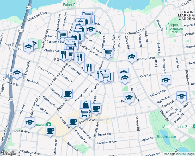 map of restaurants, bars, coffee shops, grocery stores, and more near 107 Simonson Place in Staten Island