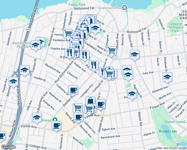 map of restaurants, bars, coffee shops, grocery stores, and more near 2 Decker Avenue in Staten Island