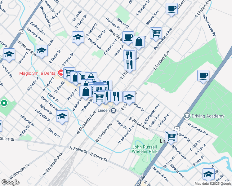 map of restaurants, bars, coffee shops, grocery stores, and more near 104 East Elizabeth Avenue in Linden