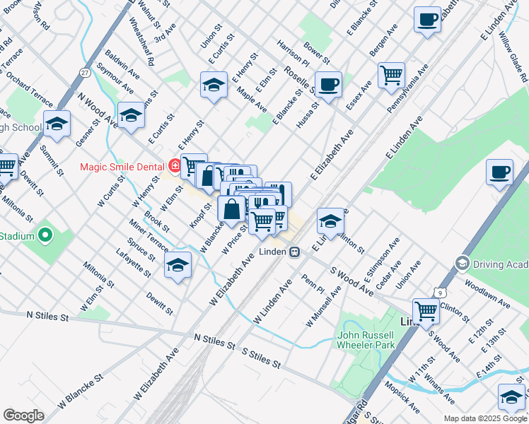 map of restaurants, bars, coffee shops, grocery stores, and more near 55 East Price Street in Linden