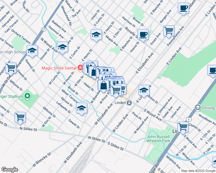 map of restaurants, bars, coffee shops, grocery stores, and more near 300 North Wood Avenue in Linden