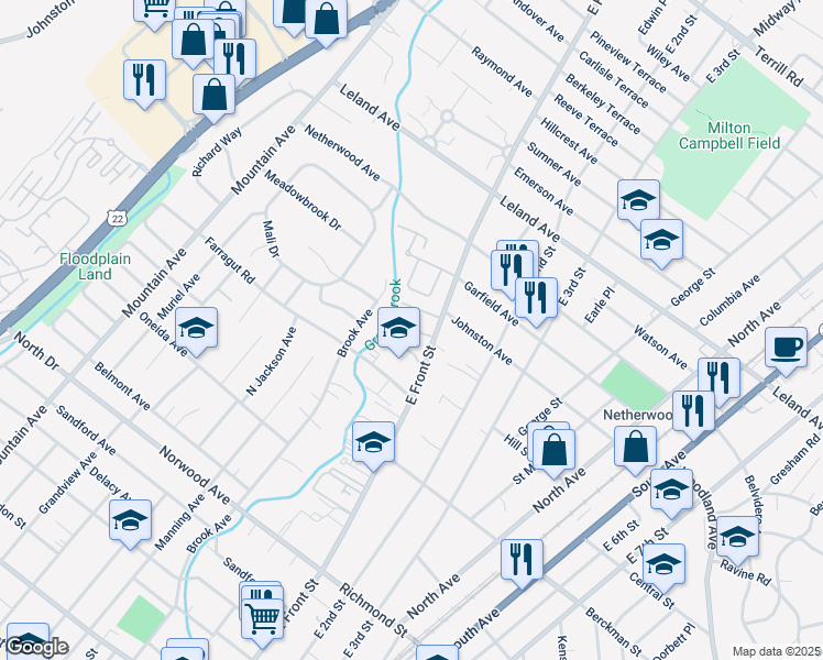 map of restaurants, bars, coffee shops, grocery stores, and more near 400 Brook Avenue in North Plainfield
