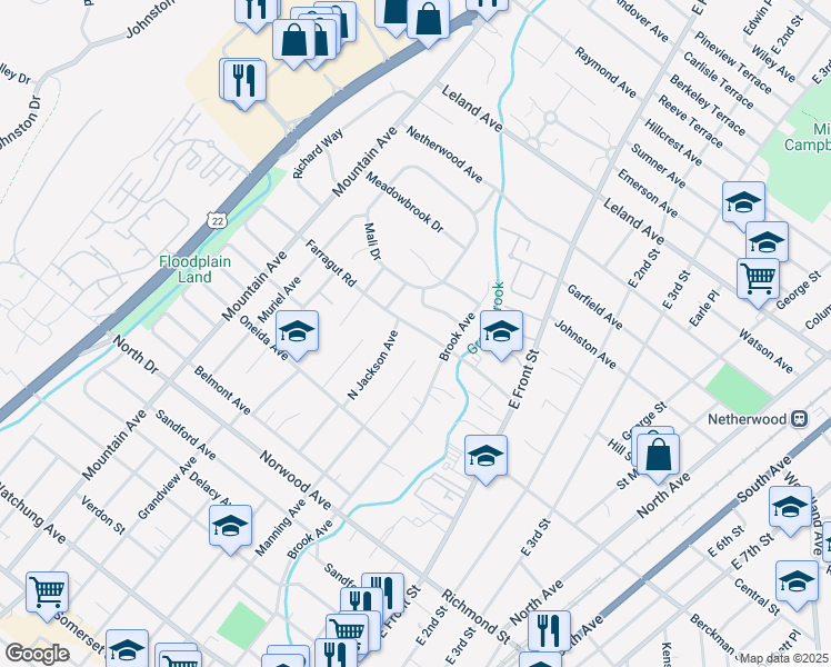 map of restaurants, bars, coffee shops, grocery stores, and more near 104 Farragut Road in North Plainfield