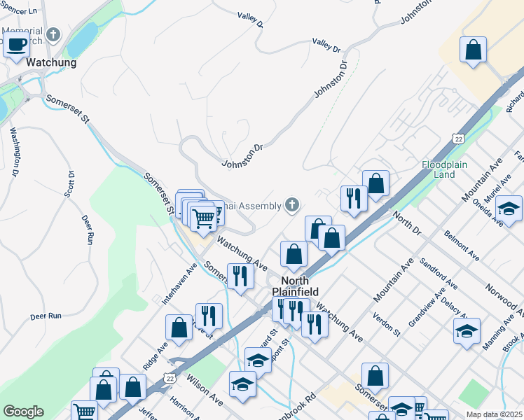 map of restaurants, bars, coffee shops, grocery stores, and more near 130 Johnston Drive Extension in North Plainfield
