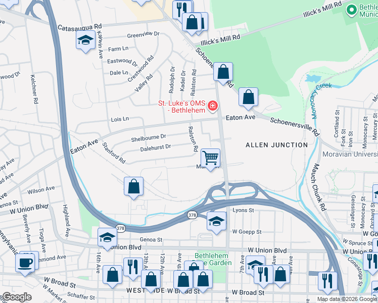 map of restaurants, bars, coffee shops, grocery stores, and more near 1136 Ralston Road in Bethlehem