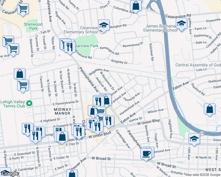 map of restaurants, bars, coffee shops, grocery stores, and more near 1228 West Rosemont Drive in Bethlehem