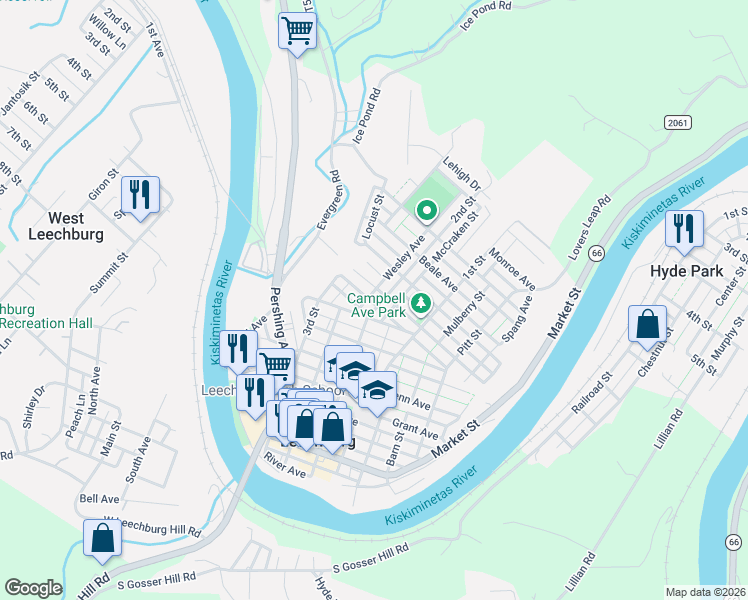 map of restaurants, bars, coffee shops, grocery stores, and more near 151 Summit Avenue in Leechburg