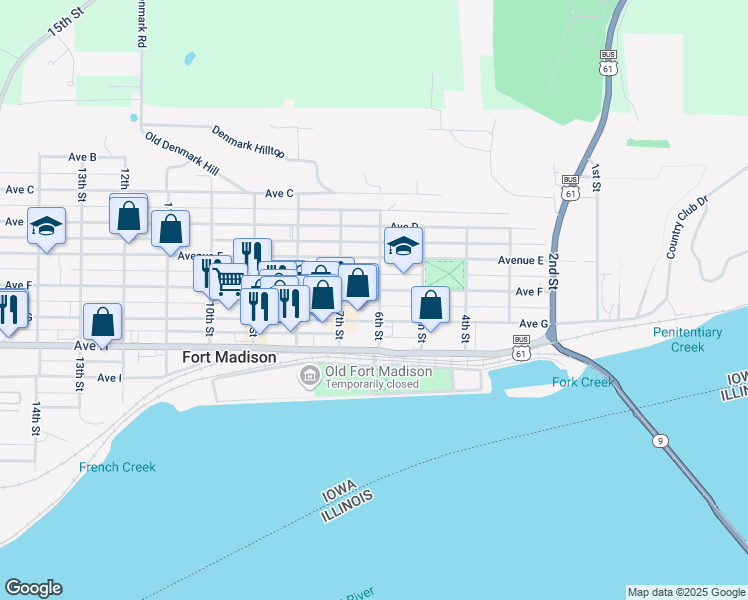 map of restaurants, bars, coffee shops, grocery stores, and more near 510-598 6th Street in Fort Madison