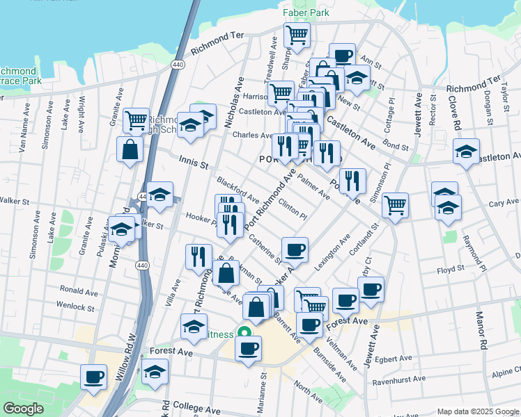 map of restaurants, bars, coffee shops, grocery stores, and more near 92 Blackford Avenue in Staten Island