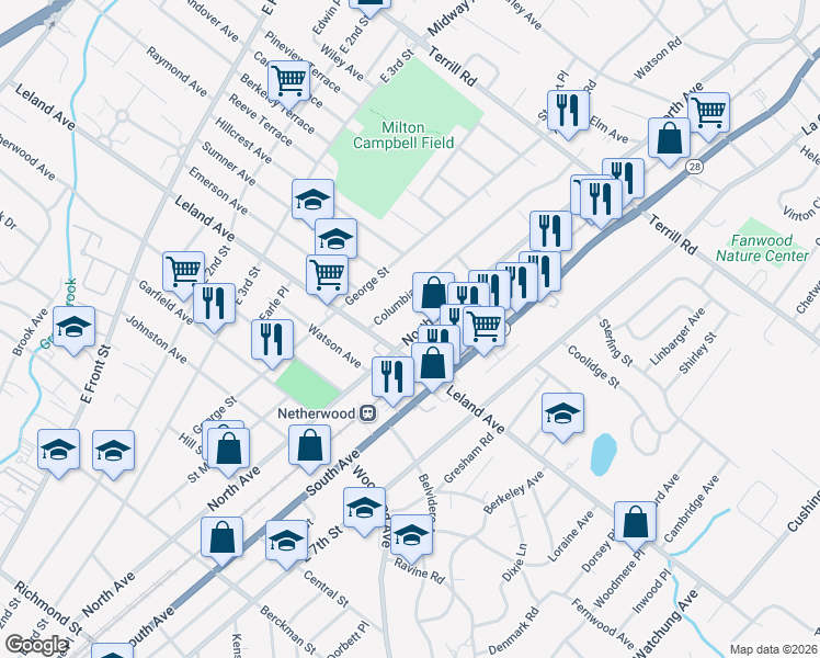 map of restaurants, bars, coffee shops, grocery stores, and more near 1219 North Avenue in Plainfield