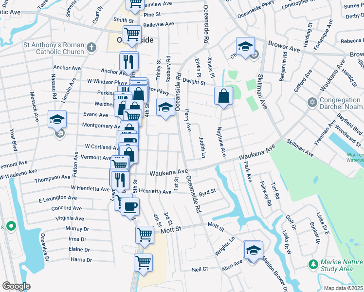 map of restaurants, bars, coffee shops, grocery stores, and more near 3292 Oceanside Road in Oceanside