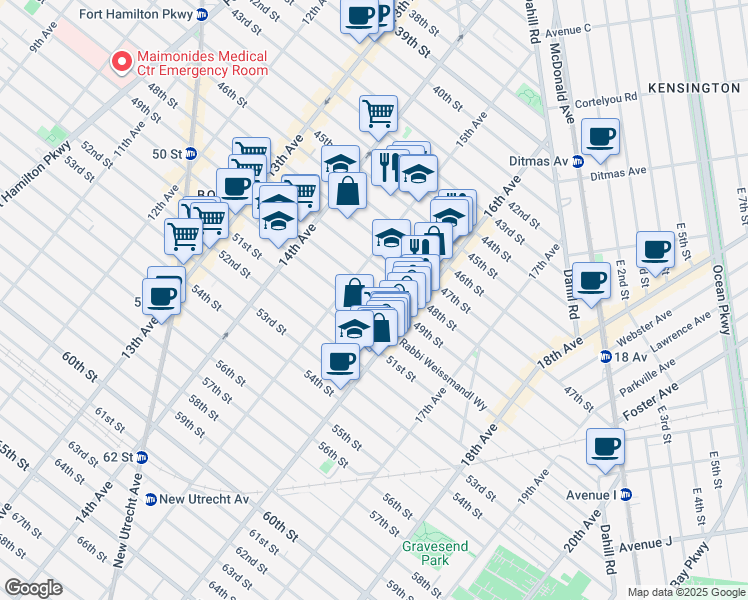 map of restaurants, bars, coffee shops, grocery stores, and more near 1500 49th Street in Brooklyn
