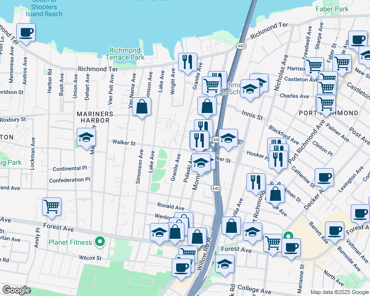 map of restaurants, bars, coffee shops, grocery stores, and more near 266 Pulaski Avenue in Staten Island