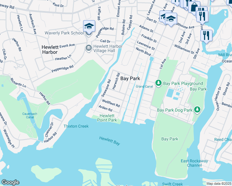 map of restaurants, bars, coffee shops, grocery stores, and more near 13 Everdell Road in East Rockaway