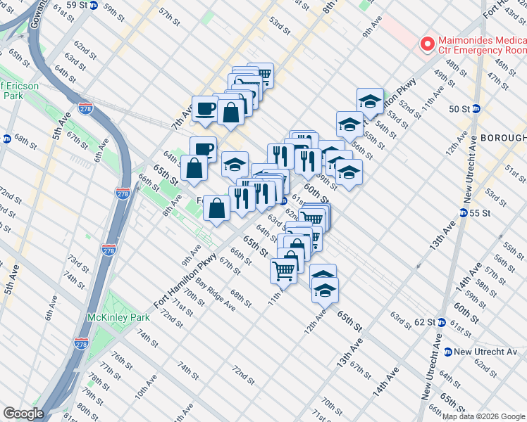 map of restaurants, bars, coffee shops, grocery stores, and more near Fort Hamilton Pkwy & 63rd St in Brooklyn