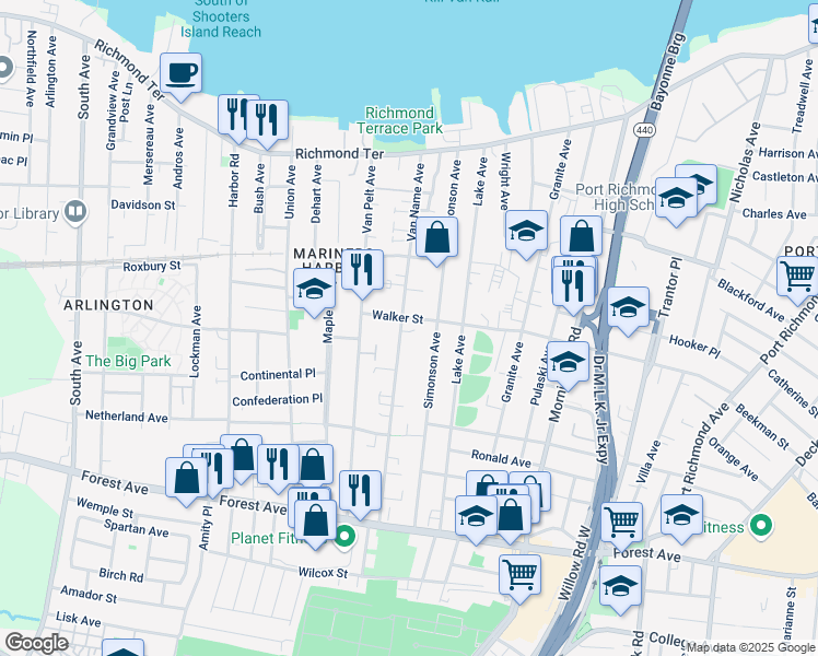 map of restaurants, bars, coffee shops, grocery stores, and more near in Staten Island