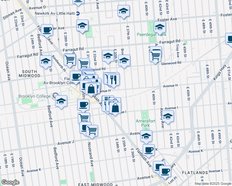 map of restaurants, bars, coffee shops, grocery stores, and more near 3420 Avenue H in Brooklyn
